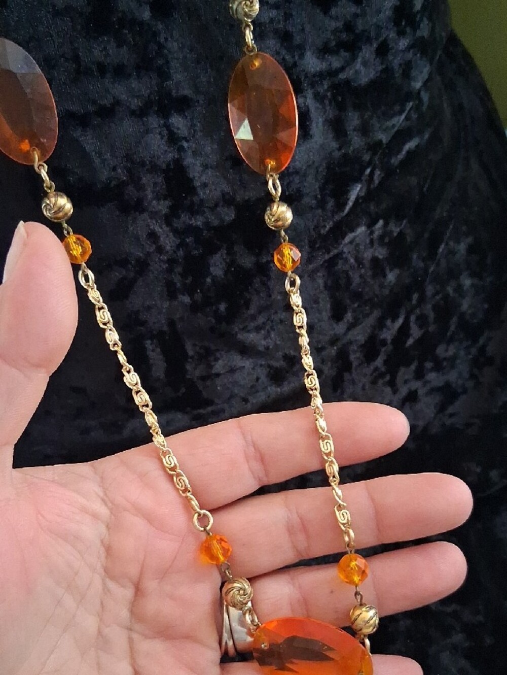 Vintage Gold and Orange Faceted Bead Long Necklace with Earrings - Picture 8 of 11